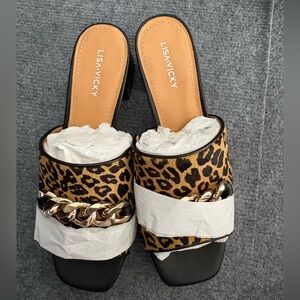 Lisa Vicky Leopard Print Mules with Gold Chain